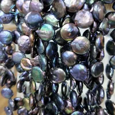 12-13mm coin shape dyed peacock black genuine freshwater natural pearl strand  