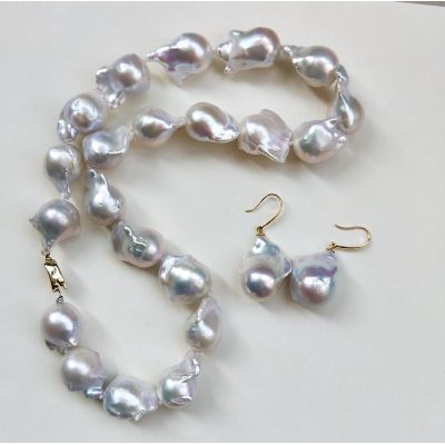 white baroque freshwater fireball pearl jewelry set,white baroque pearl necklace and earring