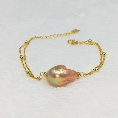 metallic pink baroque pearl bracelet with sterling silver chain 12x15mm